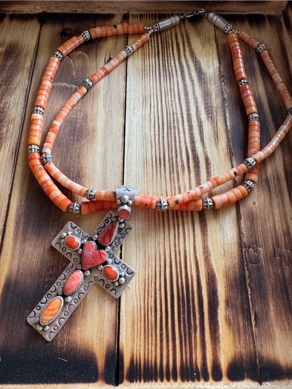Vintage RARE Coers Orange Spiny Bead Cross Necklace
